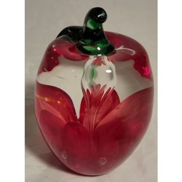 Joe Rice Art Glass Paperweight Red Apple Windowed Clear Glass w/ red floral NICE - Picture 4 of 16